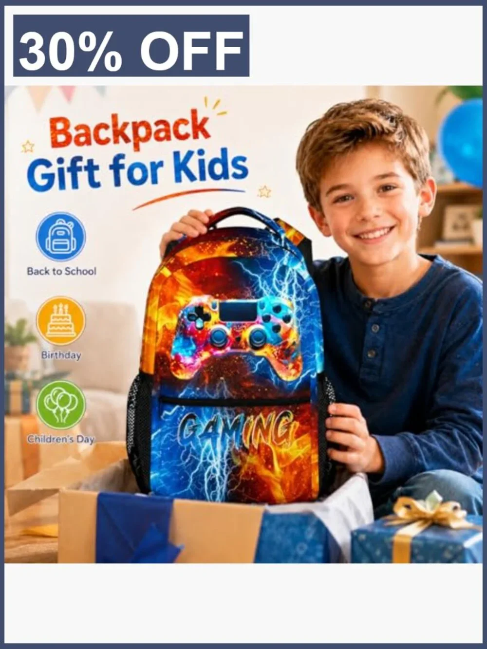 Kids Gamer Backpack for School, Lightweight Polyester Bookbag with Padded